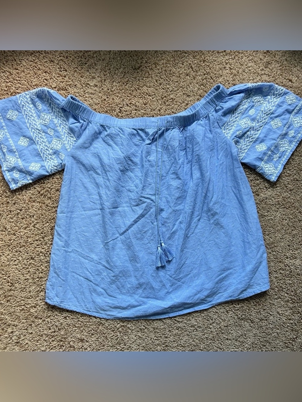 Old Navy Shirt Small Light Blue Summer Off Shoulder Embroidery Peasant Boho